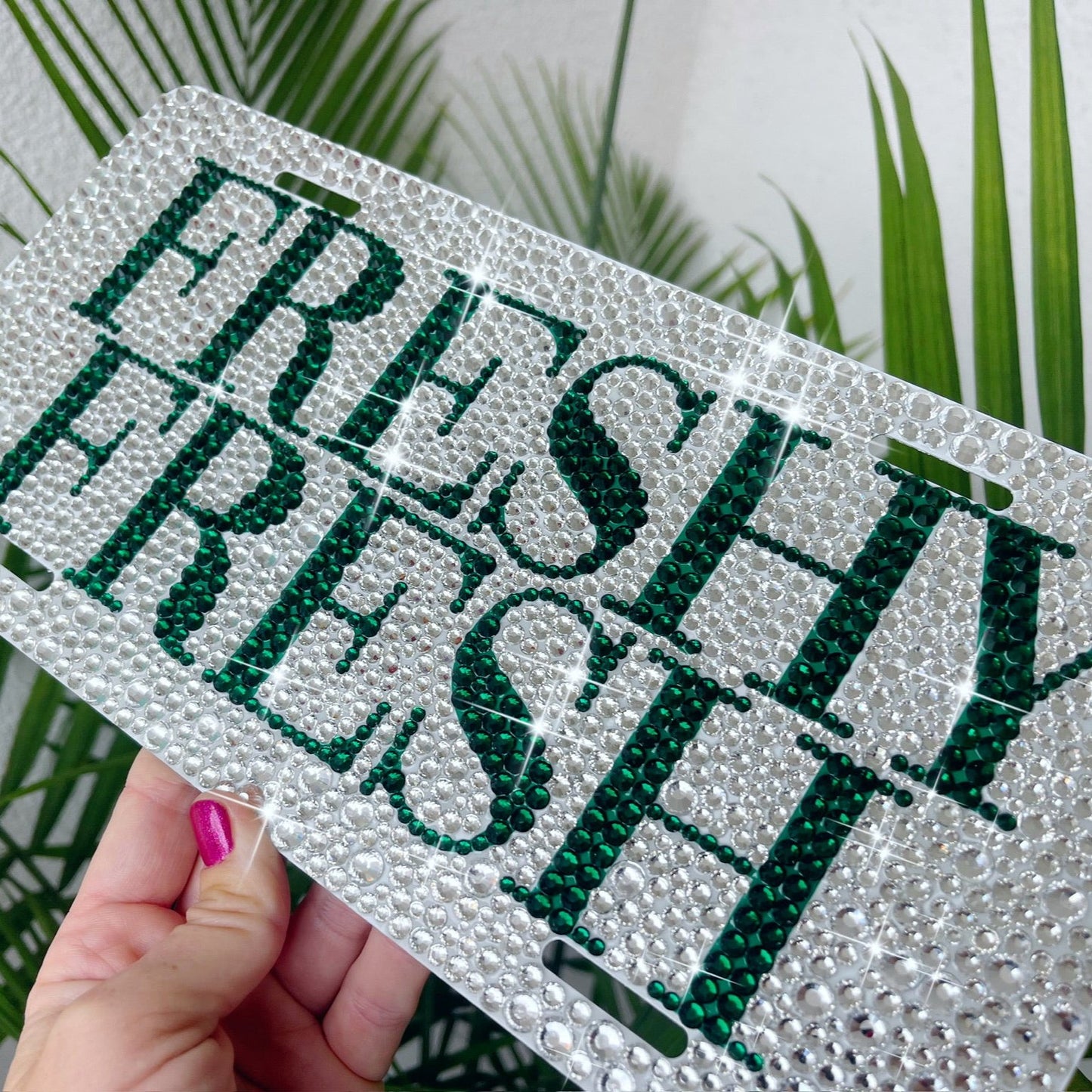 Personalized green crystal license plate with custom name