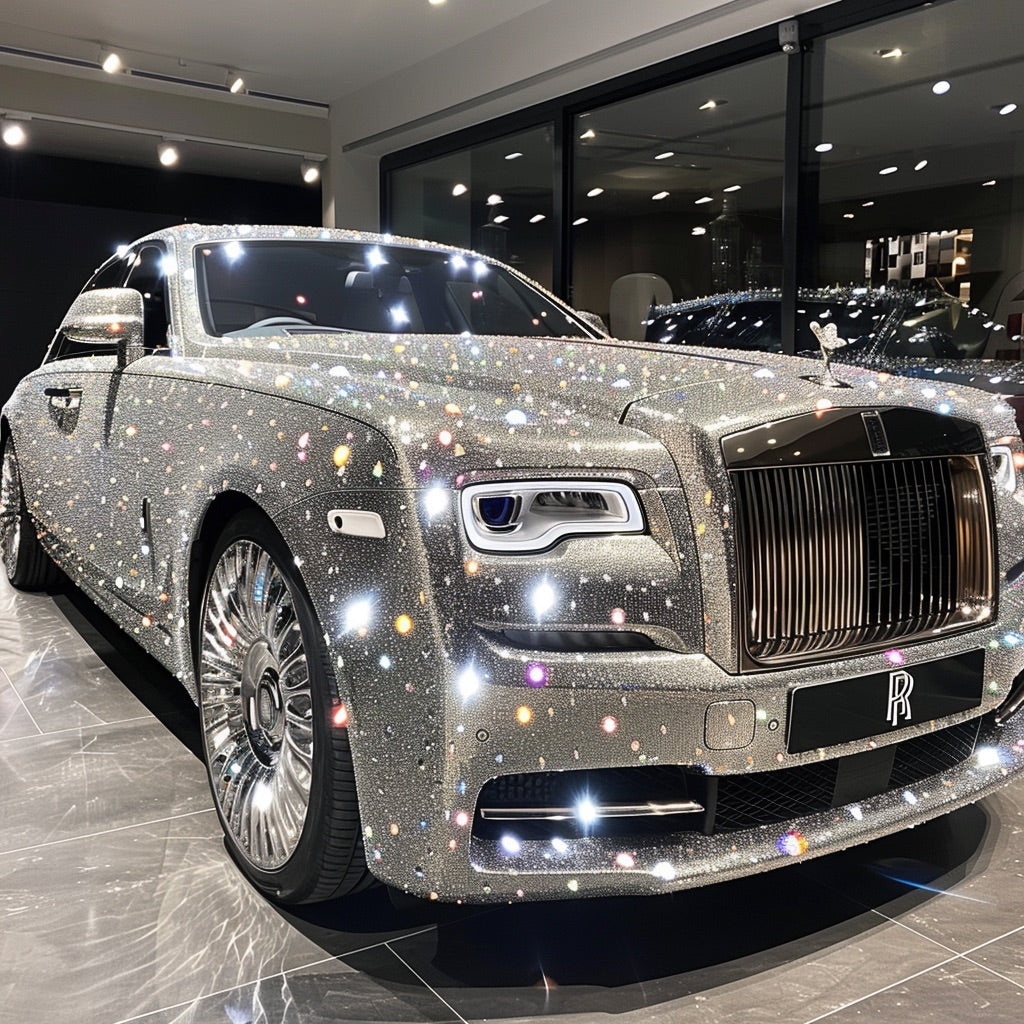 Car wrapped in sparkling crystals showcasing unique custom design